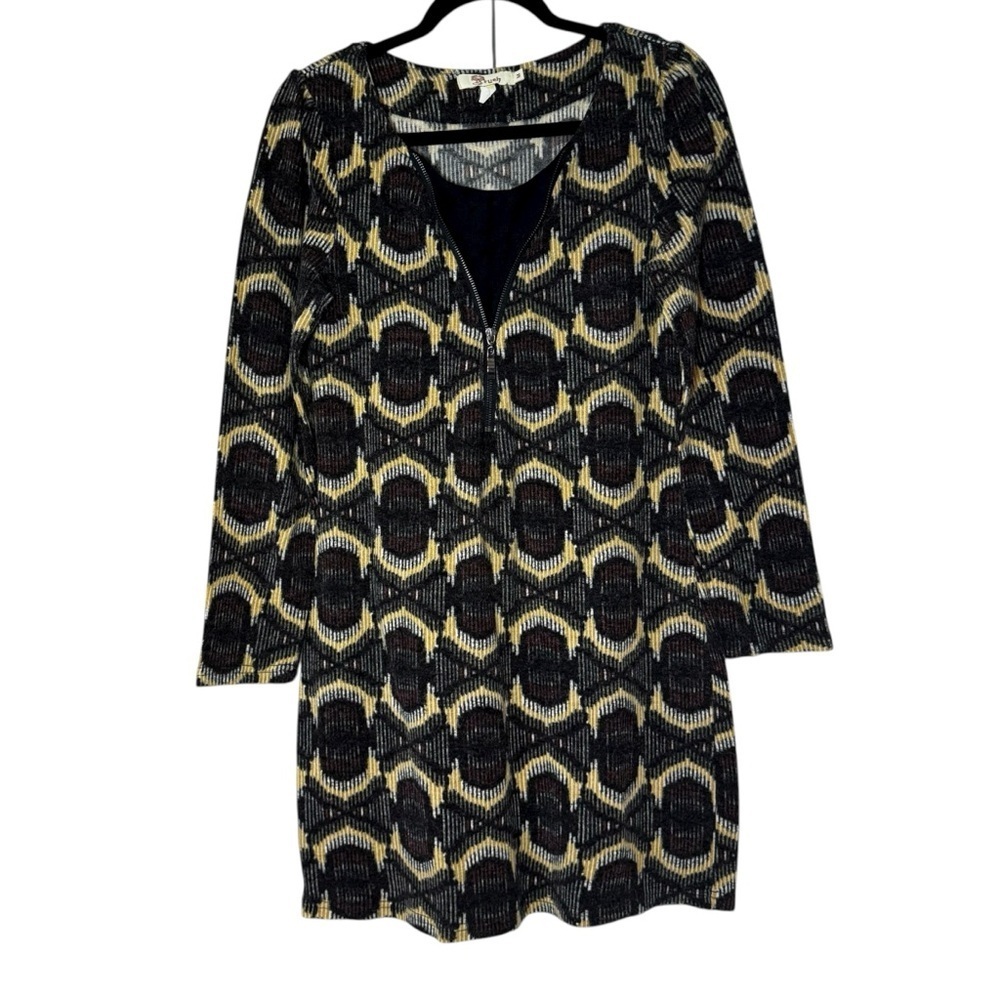 Anthropologie Aryeh Geometric 1/4 Zip Warmer Sweater Dress Tan Gray Black Medium